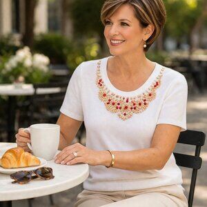 Talbots Petite White Knit Top with Beaded Statement Neckline  NWOT